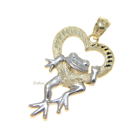 SOLID 14K YELLOW GOLD HEART WHITE GOLD HAWAIIAN LUCKY HAPPY FROG PENDANT 17.85MM
