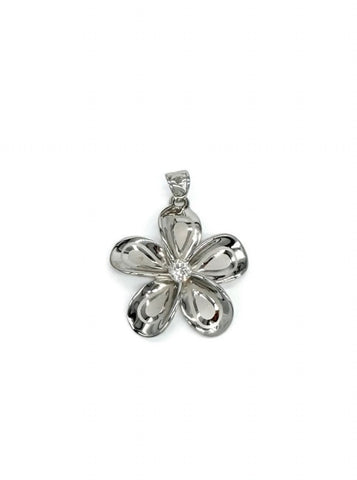 925 STERLING SILVER HAWAIIAN DESIGN PLUMERIA FLOWER PENDANT RHODIUM CZ 24MM