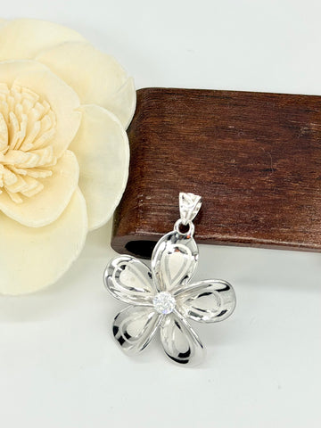 925 STERLING SILVER HAWAIIAN DESIGN PLUMERIA FLOWER PENDANT RHODIUM CZ 24MM