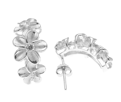 STERLING SILVER 925 HAWAIIAN PLUMERIA FLOWER HOOP POST EARRINGS