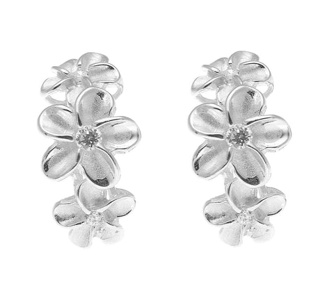 STERLING SILVER 925 HAWAIIAN PLUMERIA FLOWER HOOP POST EARRINGS