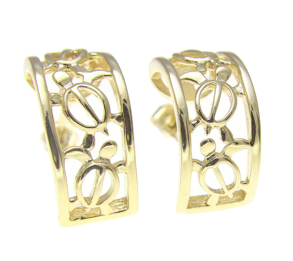 SILVER 925 YELLOW GOLD HAWAIIAN 3 HONU SEA TURTLE HOOP POST STUD EARRINGS