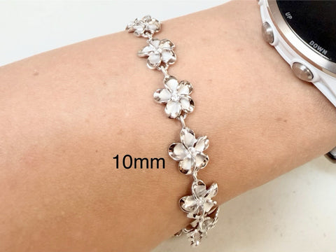 10MM STERLING SILVER 925 HAWAIIAN PLUMERIA FLOWER BRACELET RHODIUM