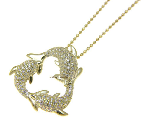 YELLOW GOLD PLATED 925 STERLING SILVER HAWAIIAN 3 DOLPHIN PENDANT CZ 23.75MM