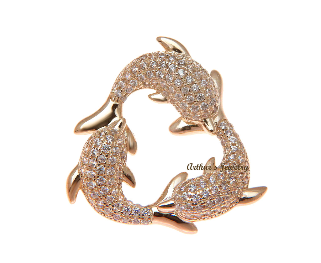 ROSE GOLD PLATED 925 STERLING SILVER HAWAIIAN 3 DOLPHIN PENDANT CZ 23.75MM