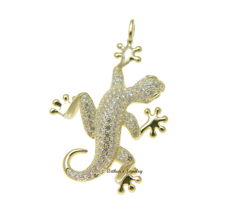 YELLOW GOLD PLATED 925 STERLING SILVER HAWAIIAN GECKO PENDANT BLING CZ 23MM