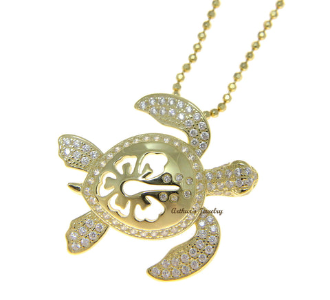 YELLOW GOLD SOLID 925 SILVER HAWAIIAN HIBISCUS FLOWER TURTLE SLIDE PENDANT CZ