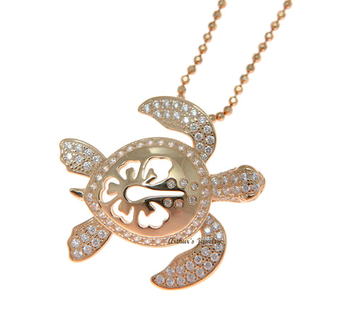 ROSE GOLD SOLID 925 SILVER HAWAIIAN HIBISCUS FLOWER TURTLE SLIDE PENDANT CZ