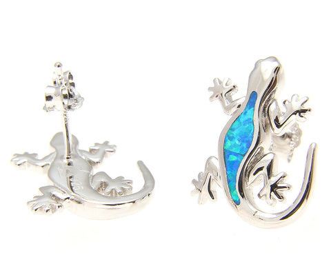 925 Sterling Silver Rhodium Hawaiian Gecko Lizard Blue Opal Post Stud Earrings