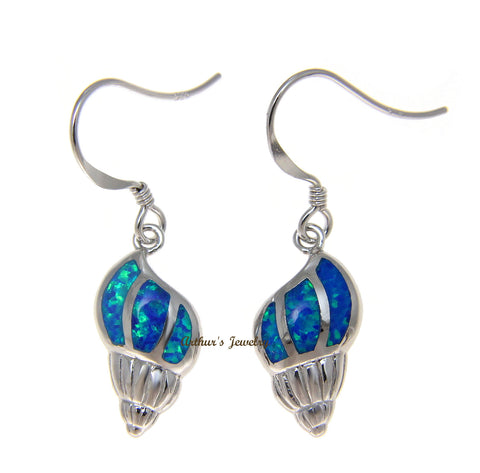 925 Sterling Silver Rhodium Hawaiian Conch Shell Blue Opal Hook Wire Earrings