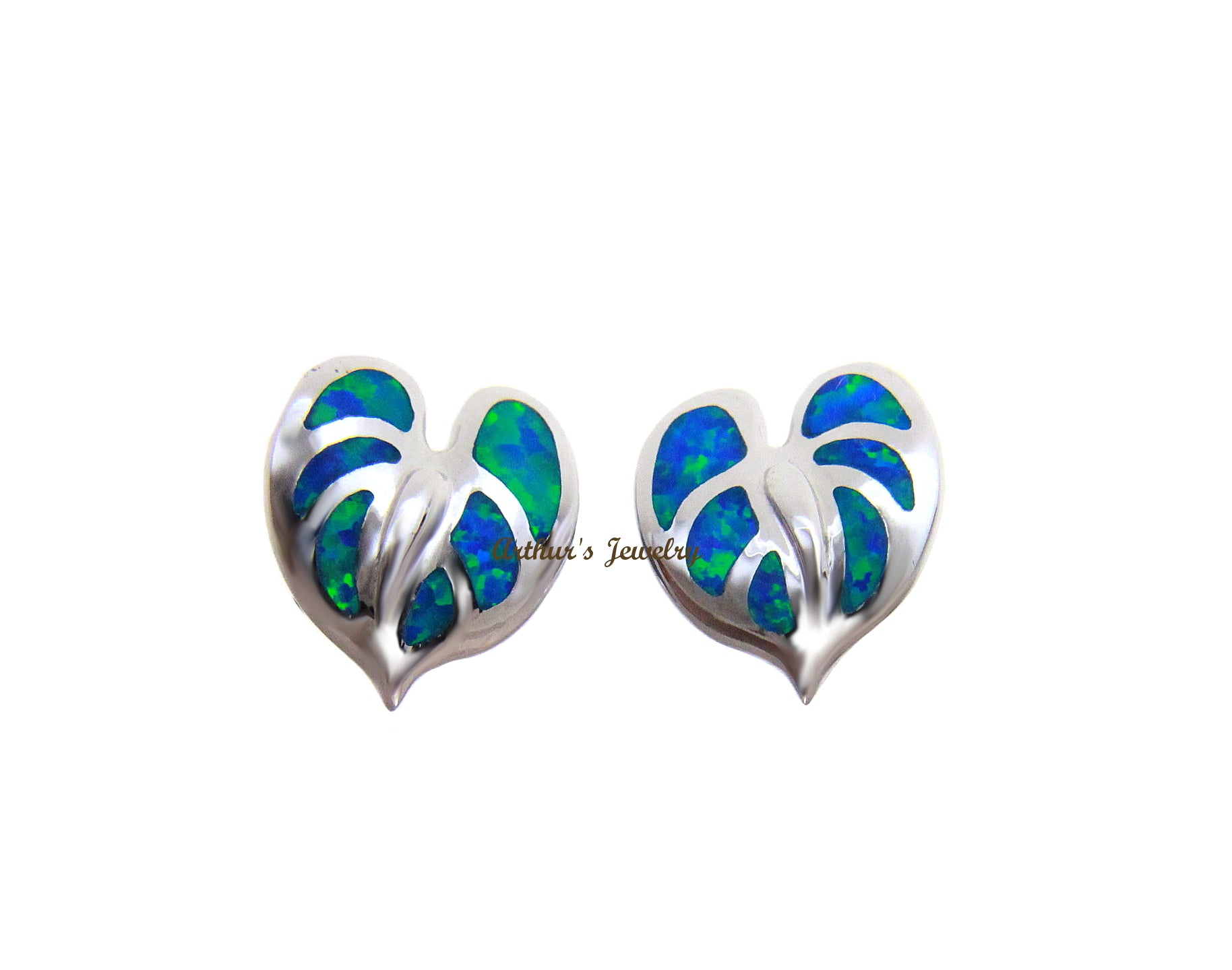 INLAY OPAL HAWAIIAN ANTHURIUM FLOWER STUD POST EARRINGS 925