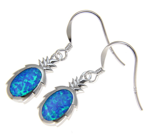 925 Sterling Silver Rhodium Hawaiian Pineapple Blue Opal Hook Wire Earrings