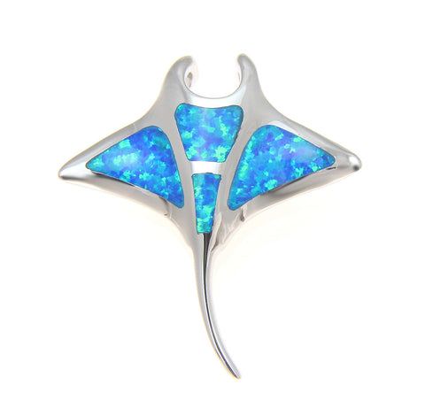 925 Sterling Silver Rhodium Plated Hawaiian Manta Ray Fish Blue Synthetic Opal Slider Pendant