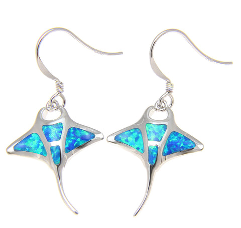 925 Sterling Silver Rhodium Hawaiian Manta Ray Fish Blue Opal Hook Wire Earrings