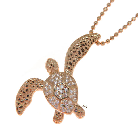 ROSE GOLD PLATED SOLID 925 SILVER HAWAIIAN SWIMMING SEA TURTLE SLIDE PENDANT CZ