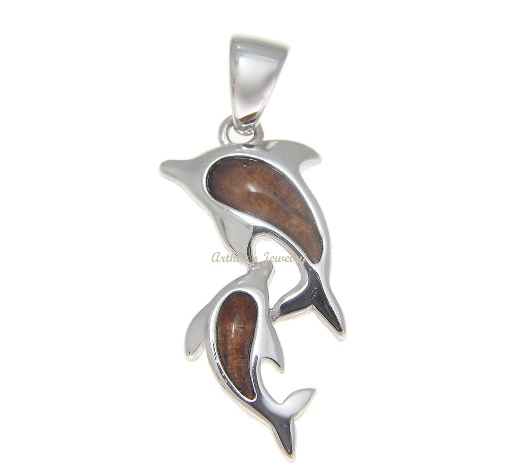 GENUINE INLAY HAWAIIAN KOA WOOD MOTHER BABY DOLPHIN PENDANT 12MM SILVER 925