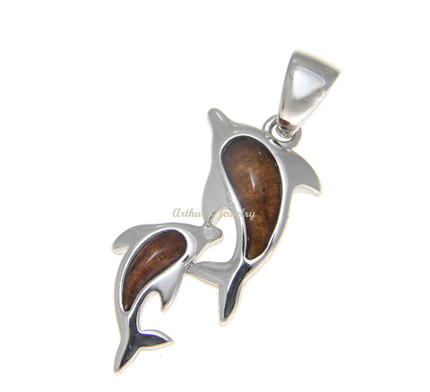 GENUINE INLAY HAWAIIAN KOA WOOD MOTHER BABY DOLPHIN PENDANT 12MM SILVER 925