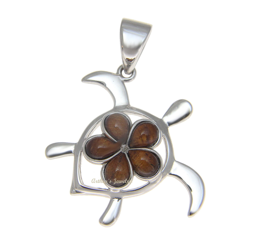 GENUINE INLAY HAWAIIAN KOA WOOD PLUMERIA HONU TURTLE PENDANT SILVER 925 MEDIUM