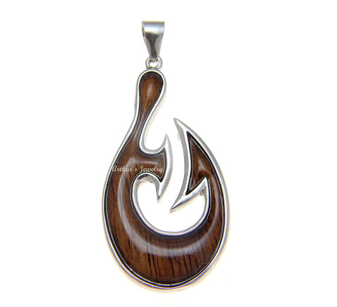 Genuine Hawaiian Koa Wood Fish Hook Pendant – Solid .925 Sterling Silver – 14mm Thick Carved Inlay