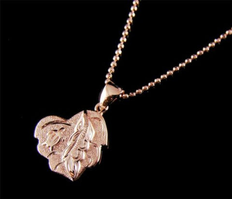 ROSE GOLD PLATED SILVER 925 HAWAIIAN SCROLL MAILE HONU TURTLE HEART PENDANT 14MM