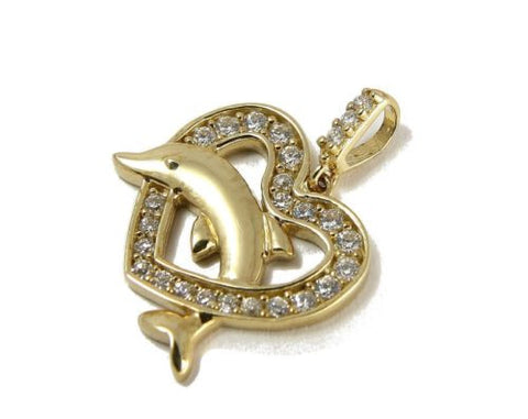 SOLID 14K YELLOW GOLD SPARKLY HAWAIIAN SHINY DOLPHIN CZ HEART PENDANT 15MM