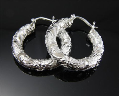 STERLING SILVER 925 HAWAIIAN CUTOUT PLUMERIA FLOWER SCROLL HOOP EARRINGS 30MM