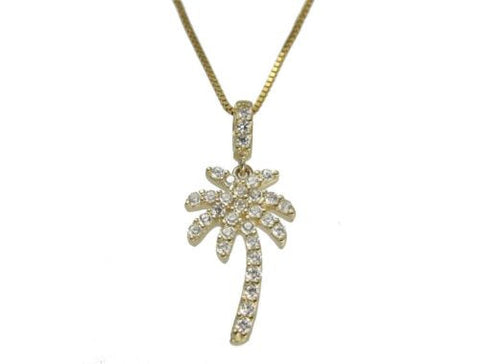 SOLID 14K YELLOW GOLD SPARKLY BLING CLEAR CZ HAWAIIAN PALM TREE PENDANT 10MM