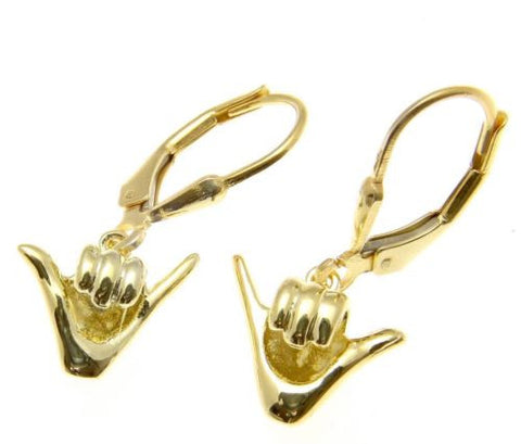 YELLOW GOLD PLATED SILVER 925 HAWAIIAN "SHAKA" HANG LOOSE HOOK LEVERBACK EARRING