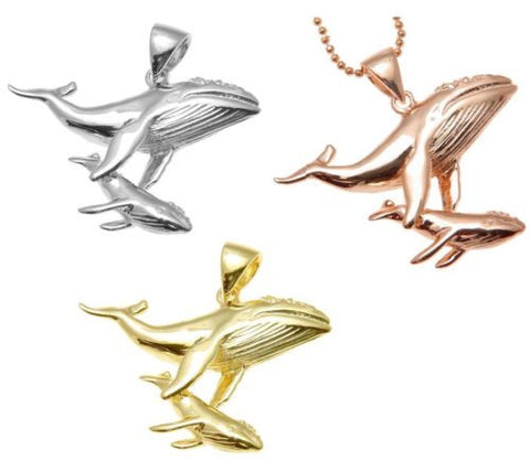 YELLOW ROSE GOLD PLATED SILVER 925 HAWAIIAN HUMPBACK WHALE MOTHER BABY PENDANT