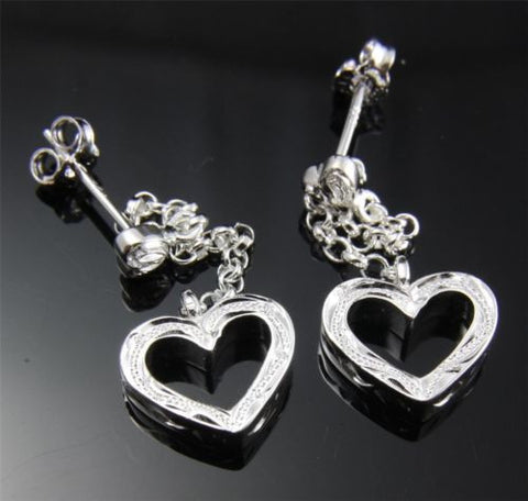 STERLING SILVER 925 HAWAIIAN SCROLL HEART CHAIN DANGLE THICK HEART EARRINGS