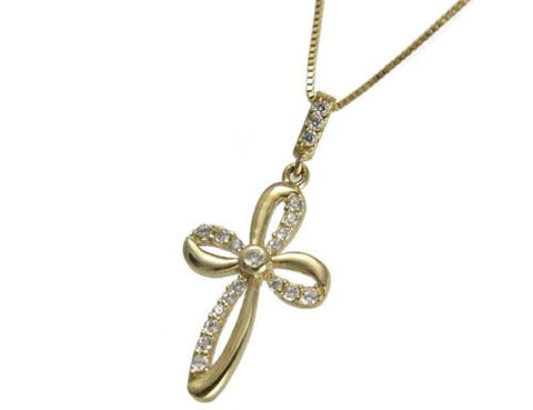 SOLID 14K YELLOW GOLD SPARKLY CLEAR CZ FANCY SHINY CROSS PENDANT SMALL 12MM