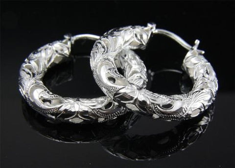 STERLING SILVER 925 HAWAIIAN CUTOUT PLUMERIA FLOWER SCROLL HOOP EARRINGS 30MM