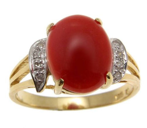 GENUINE NATURAL CABOCHON RED CORAL DIAMOND RING SET IN SOLID 14K YELLOW GOLD