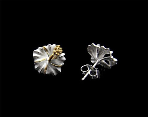 YELLOW GOLD PLATED 2 TONE SILVER 925 HAWAIIAN HIBISCUS STUD EARRINGS 6MM -15MM