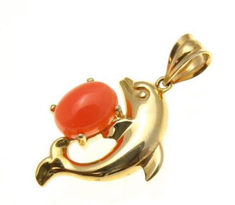 GENIUNE NATURAL PINK CORAL DOLPHIN PENDANT SET IN SOLID 14K YELLOW GOLD 14.50MM