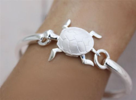 STERLING SILVER 925 MOVEABLE 3D HAWAIIAN SEA TURTLE BANGLE BRACELET 7"