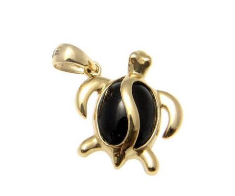 GENUINE NATURAL BLACK CORAL PENDANT HAWAIIAN HONU TURTLE SOLID 14K YELLOW GOLD