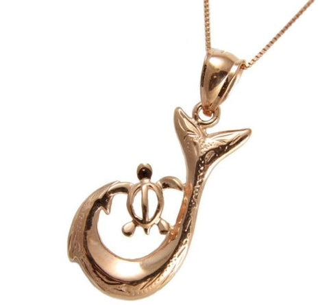 SOLID 14K ROSE GOLD HAWAIIAN SCROLL FISH HOOK HONU TURTLE PENDANT