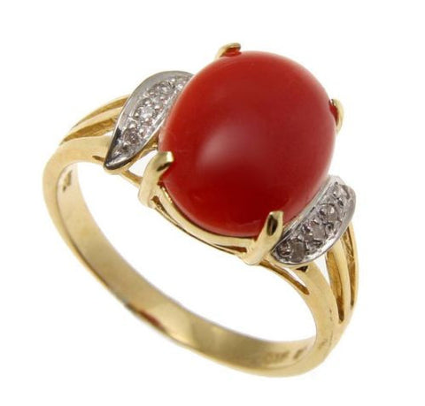 GENUINE NATURAL CABOCHON RED CORAL DIAMOND RING SET IN SOLID 14K YELLOW GOLD