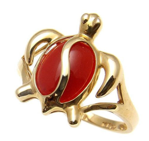 GENUINE NATURAL RED CORAL RING HAWAIIAN HONU TURTLE SOLID 14K YELLOW GOLD