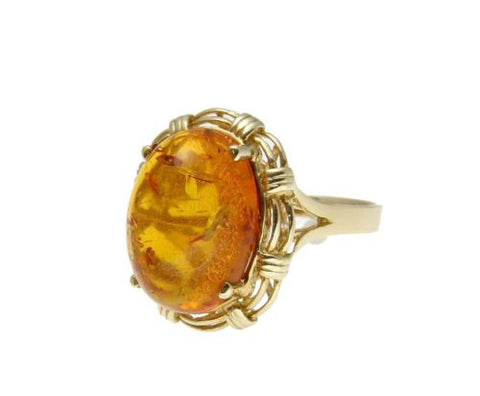 11.86MMX15.88MM GENUINE THICK OVAL CABUCHON AMBER RING SOLID 14K YELLOW GOLD