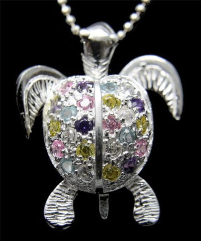 STERLING SILVER 925 HAWAIIAN 3D MOVING SEA TURTLE PENDANT MULTI COLOR CZ 18.70MM