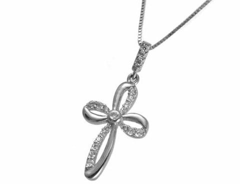 SOLID 14K WHITE GOLD SPARKLY CLEAR CZ FANCY SHINY CROSS PENDANT SMALL 12MM