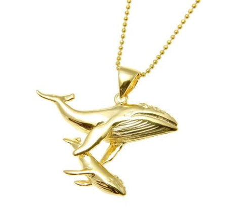 YELLOW ROSE GOLD PLATED SILVER 925 HAWAIIAN HUMPBACK WHALE MOTHER BABY PENDANT