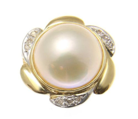 GENUINE 14MM MABE PEARL DIAMOND RING SOLID 14K YELLOW GOLD