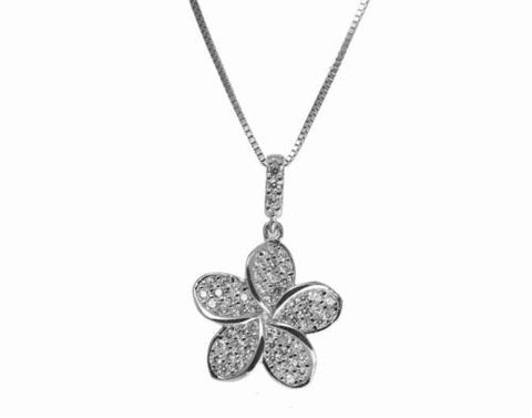 SOLID 14K WHITE GOLD SPARKLY BLING CZ HAWAIIAN PLUMERIA FLOWER PENDANT 13.5MM