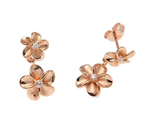 ROSE GOLD ON SILVER 925 HAWAIIAN 8MM DANGLE 10MM PLUMERIA FLOWER EARRINGS