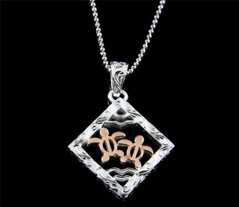 THICK SILVER 925 HAWAIIAN SCROLL 2 ROSE GOLD PLATED HONU TURTLE SQUARE PENDANT