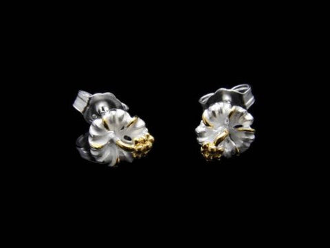 YELLOW GOLD PLATED 2 TONE SILVER 925 HAWAIIAN HIBISCUS STUD EARRINGS 6MM -15MM