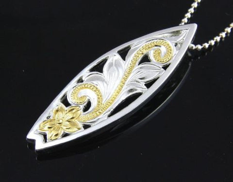 SILVER 925 YELLOW GOLD PLATED HAWAIIAN CUT OUT PLUMERIA SCROLL SURFBOARD PENDANT